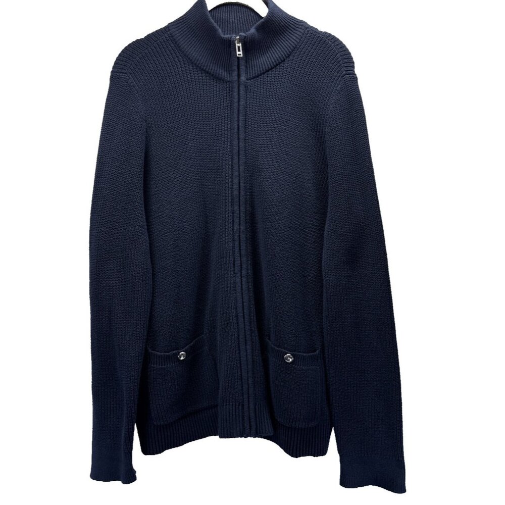 Chaps Women's Zippered Cardigan Size 1X Solid Navy Blue Pockets‎ Thick Knit Warm